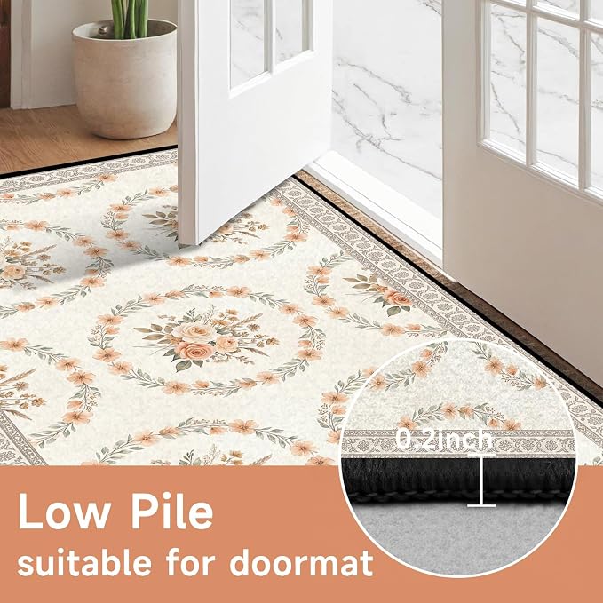 2'x3' Boho Floral Area Rug Vintage Peach Rose Carpet Non-Slip Washable Floor Mat Neutral Aesthetic Botanical Rug for Entryway Bedroom Living Room Nursery Kitchen Playroom Home Decor