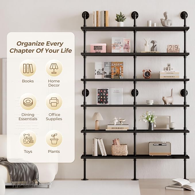 6 Tier Industrial Ladder Shelf Bookcase, Wall Mounted Rustic Bookshelf for Living Room Decor and Storage (Black, 6 Tier - 10" D x 60" W x 82.5" H)
