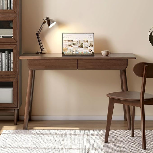 YESWOOD 100% Solid Wood Desk with Drawers, Walnut Color Office Desk, Mid Century Modern Writing Desk for Study Bedroom Living Room 41.33" W