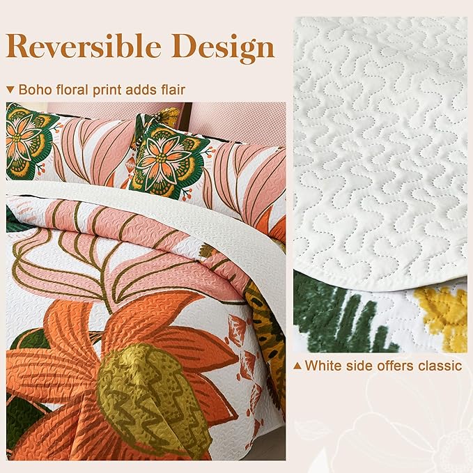 2 Piece Boho Floral Quilt Sets Twin Size Farmhouse Botanical Reversible Lightweight Bedspread Coverlet with 1 Sham Mid Century Leaves Microfiber Bedding Quilts Set for All Season, 68''x86''