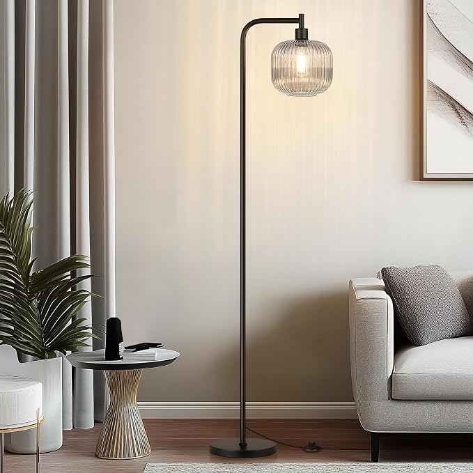 QiMH Glass Floor Lamp for Living Room, Modern Standing Lamp with Ribbed Grey Glass Lampshade Pedal Switch, 67” Tall Lamp for Bedroom Study Room, Black (2700K LED Bulb Included)