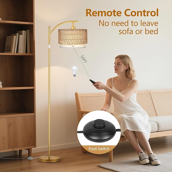 ROTTOGOON Arc Floor Lamps for Living Room, Boho Farmhouse Floor Lamp with Remote & Dimmable Bulb, Standing Lamp with Rattan & Fabric Shades, Adjustable Tall Lamp for Bedroom Office-Gold
