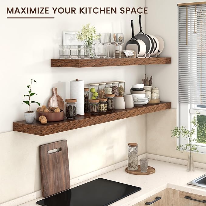 Floating Shelves for Wall, 72 Inch Wide x 12 Inch Deep Floating Shelves, Long Wood Floating Wall Shelf Shelves for Living Room Bathroom Bedroom Kitchen Home - (Brown, 72" W x 12" D x 2" H)
