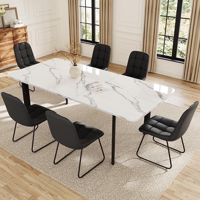 Extendable Dining Table Set for 6-8 People, 63 to 78.7 Inch MDF Kitchen Table with 6 Upholstered Chairs, Space-Saving for Dining Room, Breakfast Nook (White Table & 6 Black U-Shaped Chairs)