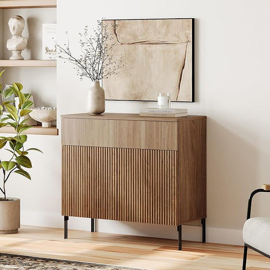 WAMPAT 31.5" Buffet Sideboard Cabinet with Storage, Wood Credenza Console Table with 1 Drawer & 2 Doors, Coffee Bar Cabinet, Wine Bar Storage for Dining Room, Living Room, Light Walnut