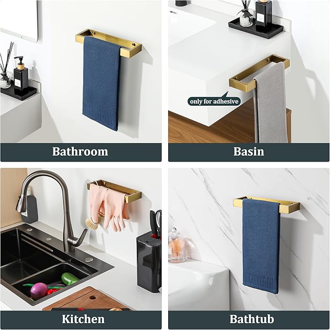 Sayayo Brushed Gold Towel Bar for Bathroom Wall, 10 Inch Hand Towel Holder, Screw or Self Adhesive Towel Ring Square SUS304 Stainless Steel, 3.2 Inch Wider Design