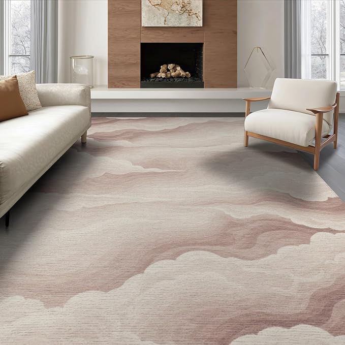 6'x9' Washable Flatwoven Rug, Taupe Watercolor Wave Stain Resistant Large Carpet Non-Slip Chair-Friendly Floor Mat for Dining Room, Under Table, Office | Ref:2208258