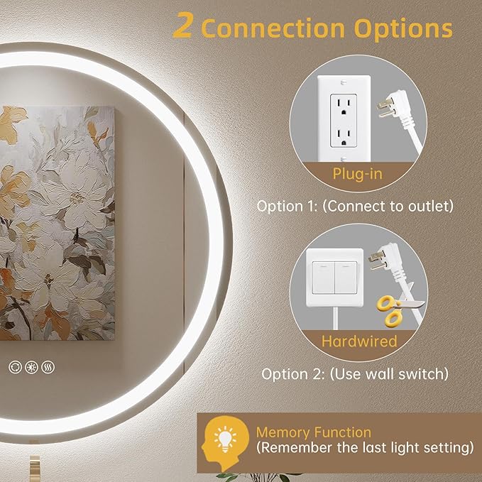 LOVESPEJO 30" Round LED Bathroom Mirror with Lights, Circle LED Mirror for Bathroom, Fogless, Dimmable, 3 Colors Changing, IP54, Shatter-Proof