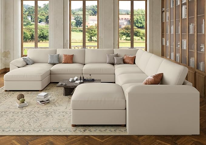EASE MOOSE Faux Leather Sectional Couch, Oversized Modular Sofa, Modern Comfy Modular Couch, Scratch Resistant Material Sofas, U Shaped Couch for Big Spaces, Beige