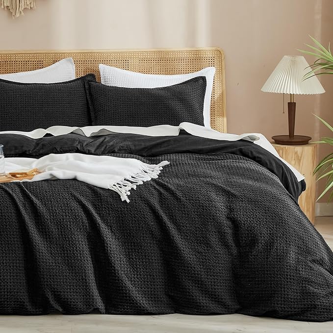PHF Waffle Weave Duvet Cover Set King Size, No Snagging Ultra Soft Luxury Textured Breathable Comforter Cover for All Season 3pcs, Durable Bedding Duvet Set with 2 Pillow Shams, 104"x90", Black