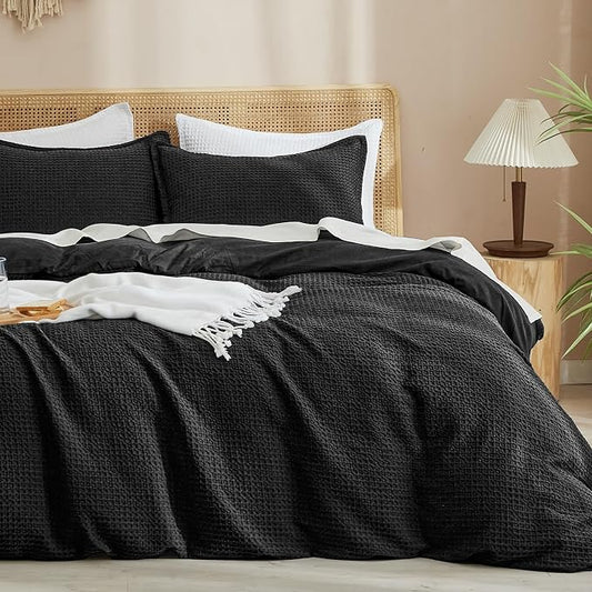 PHF Waffle Weave Duvet Cover Set King Size, No Snagging Ultra Soft Luxury Textured Breathable Comforter Cover for All Season 3pcs, Durable Bedding Duvet Set with 2 Pillow Shams, 104"x90", Black