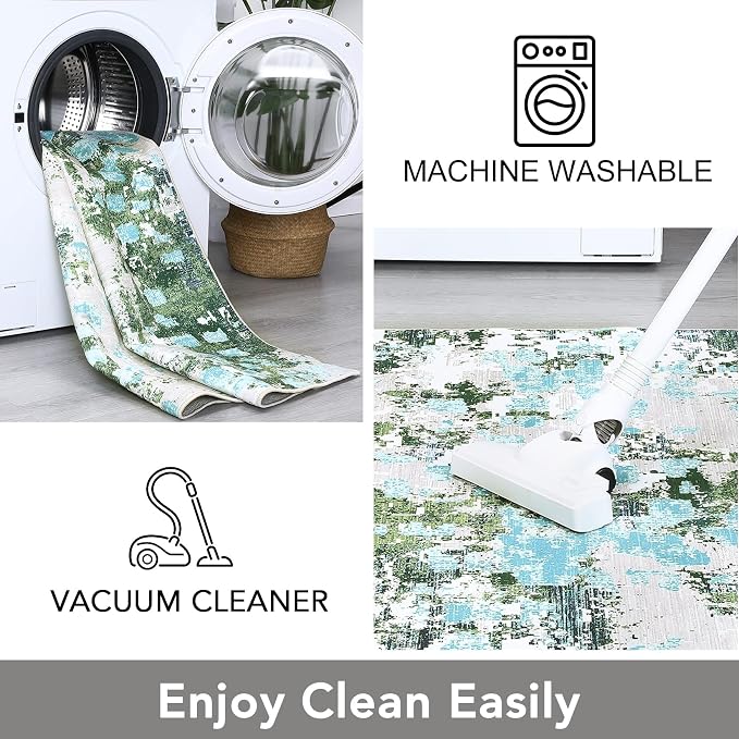 GAOMON Washable Modern Abstract 4x6 Small Area Rugs Non Slip Soft Bedroom Rug Low Pile Dining Room Carpet Mat Colorful Abstract Throw Rug for Nursery Office Entrance, Green/Turquoise