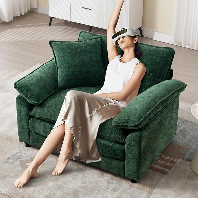 Green Modern Oversized Chair, Comfy Chenille Accent Chair Large Upholstered Armchair with Extra Thick and Deep Seat Lounge Chair for Living Room,Bedroom,Apartment