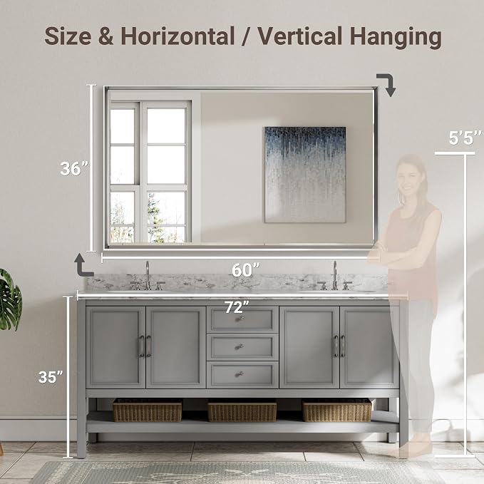 60'' x 36'' Large Beveled Silver Bathroom Vanity Mirror, Shatterproof Rectangle Silver Metal Framed Mirror for Bathroom Wall, Anti-Rust Wall-Mounted Mirror