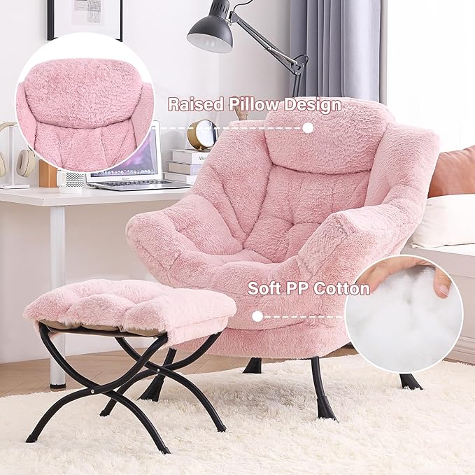 Tiita Lazy Chair with Ottoman, Pink Modern Large Accent Chair, Comfy Leisure Sofa Armchair with Ottoman, Reading Chair with Footrest for Bedroom, Living Room, Dorm Rooms, Plush Pink