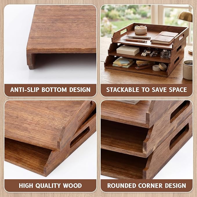 AceOrbit 3 Pcs Stackable Paper Tray Acacia Wood Desk Organizer Letter Tray 3 Tier Wooden File Organizer Desk Shelf for Documents, Letter Sorter, Envelopes and Magazine Holder