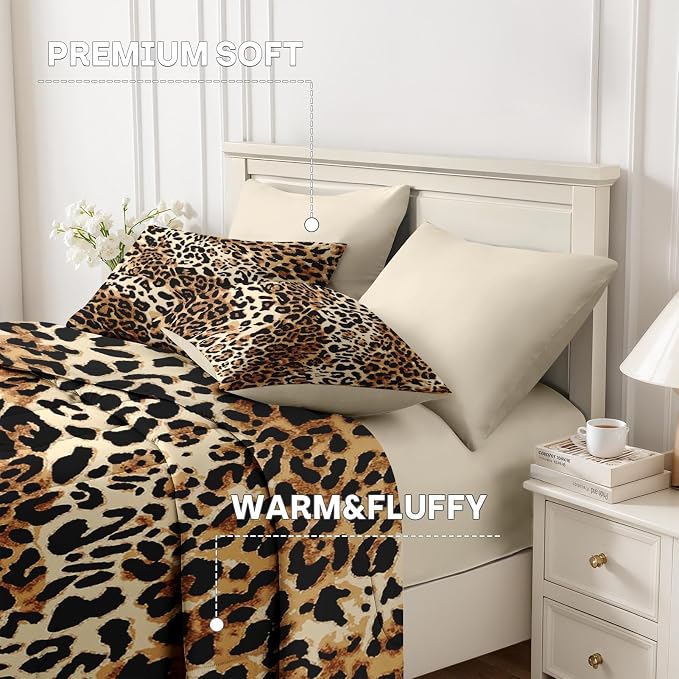 Nesker Comforter Set Queen Size, Leopard Print Wild Cheetah 7 Pcs Bedding for Kids and Adults, Animal Safari Skin Pattern Bed Sheet Sets with Fitted Sheet 2 Pillowcases & 2 Shams