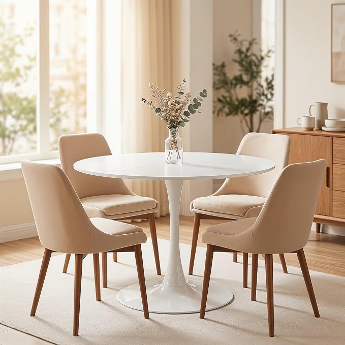 42" White Round Tulip Table for 4-6, Mid Century Modern Pedestal Dining Table with Sturdy Metal Base – Small Space Kitchen, Bistro, Café, Living Room, Office