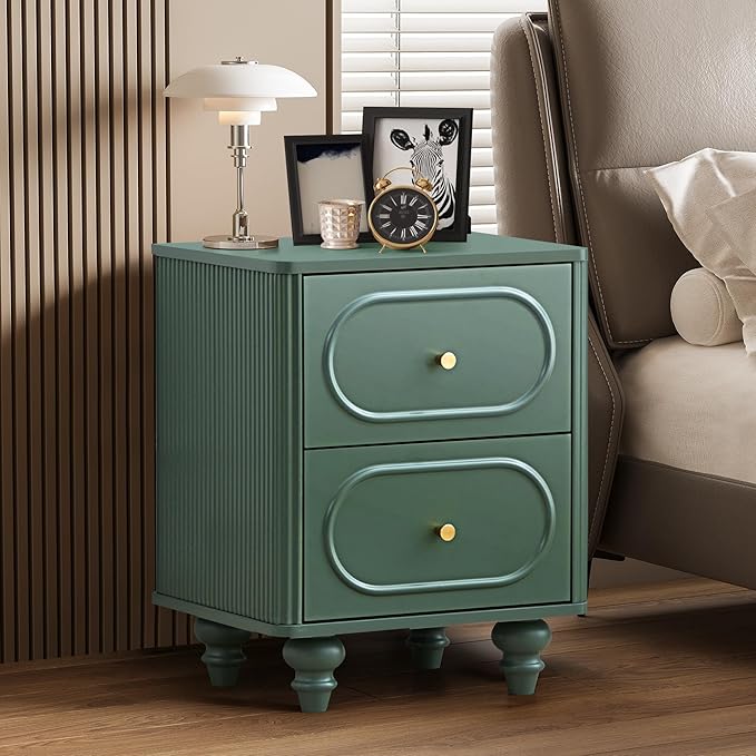ORRD 2 Drawer Fluted Mini Small Dresser for Bedroom Set of 2, Mid Century Modern Nightstand Bedside End Table, Wood Storage Dresser Organizer for Bedroom, Green