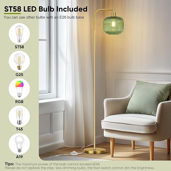 QiMH Glass Floor Lamp for Living Room, Modern Standing Lamp with Ribbed Glass Lampshade Pedal Switch, 67” Tall Lamp for Bedroom Study Room, Brushed Gold (2700K LED Bulb Included)