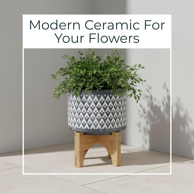Aztec Decorative Planter Pot on Wooden Stand – Ceramic Stoneware Outdoor & Indoor Plant Pot with Gray Geometric Pattern – Modern Garden & Home Decor Ceramic Planters – 6", Gray