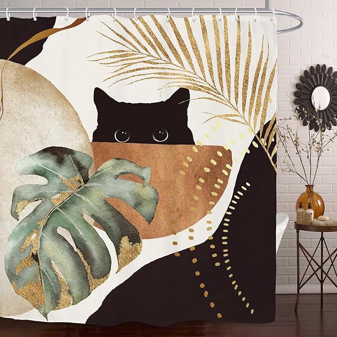 Yookeb Abstract Mid Century Bathroom Shower Curtain 60W by 71H Inch Cat Vintage Minimalist Plant Monstera Brown Aesthetic Polyester Fabric 12 Plastic Hooks Waterproof Decor