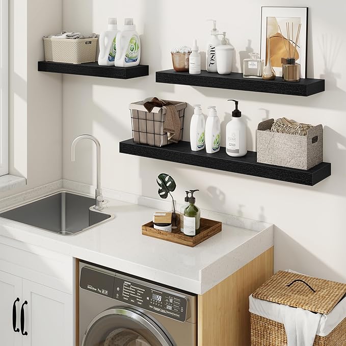 fuqing Floating Shelves for Wall, Wall Mounted Wood Floating Shelf with Invisible Brackets for Living Room, Bathroom, Bedroom, Kitchen Storage and Decor, 48 Inch Set of 2, Black
