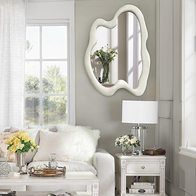 Irregular Wall Mirror Asymmetrical Mirror, White Wavy Mirror with Flannel Frame, Decorative Wall Mirror for Bedroom, Livingroom, Entryway, 20"x 28"