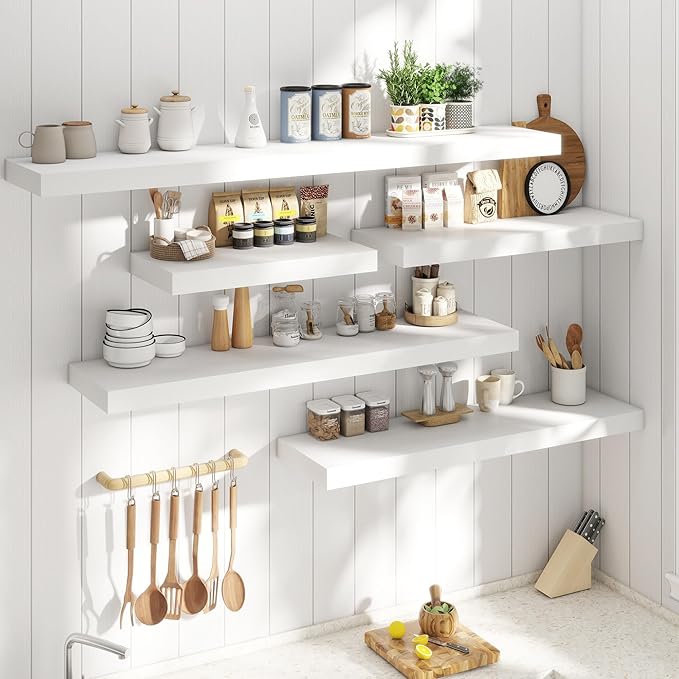 Marsmiles 12" Deep Floating Shelves for Wall with Invisible Brackets, Wall Mounted Engineered Wood Shelves with Wood Grain for Living Room, Bedroom, Kitchen Decor and Storage, 72" L Set of 1, White