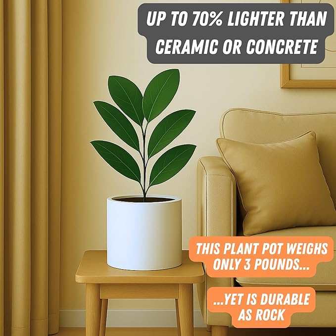 Fox & Fern Large Indoor Planter, Modern Large Plant Pot for Indoor or Outdoor, UV and Frost Resistant - 8 Inch, Fiberstone, Matte White Flower Pot with Drainage Plug, Lightweight