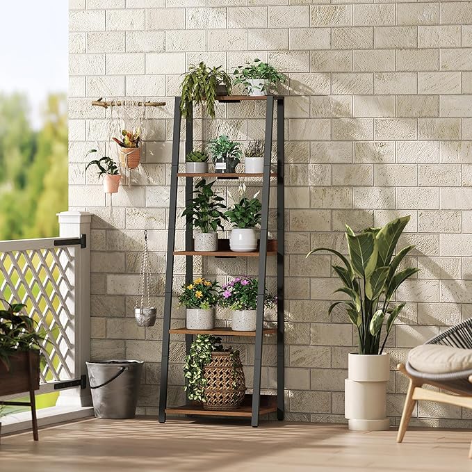 Plant Stand with Grow Light, 5 Tier Plant Shelf with Timer for Indoor Plants, Ladder Shape Flower Rack with Raised Back Edges, for Living Room, Balcony, Rustic Brown and Black PSHR05E01