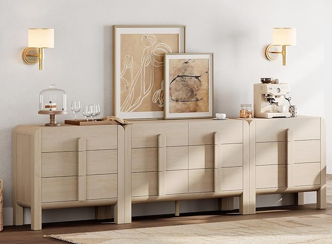 WAMPAT 110.2” W Large Sideboard Buffet Cabinet with Storage,Modern French Kitchen Buffet Cabinet with 12 Drawers,Wood Buffet Table Coffee Wine Bar Console Table for Kitchen,Dining Room,Light Oak