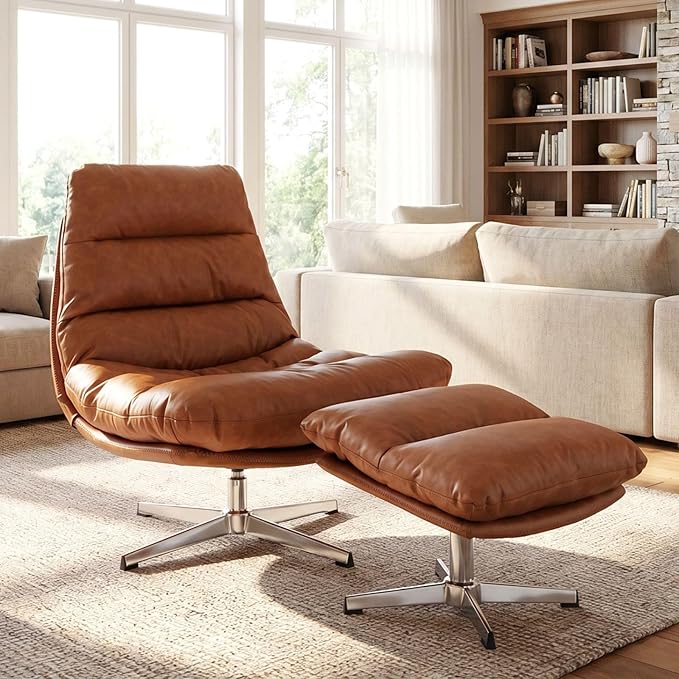 HNY Brown Swivel Lounge Chair with Ottoman Modern PU Leather Accent Chair with Footrest 33'' Wide Oversized Armless Upholstered Reading Chair with Footstool for Living Room Bedroom Comfy