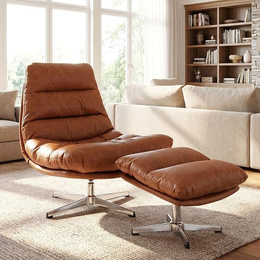 HNY Brown Swivel Lounge Chair with Ottoman Modern PU Leather Accent Chair with Footrest 33'' Wide Oversized Armless Upholstered Reading Chair with Footstool for Living Room Bedroom Comfy
