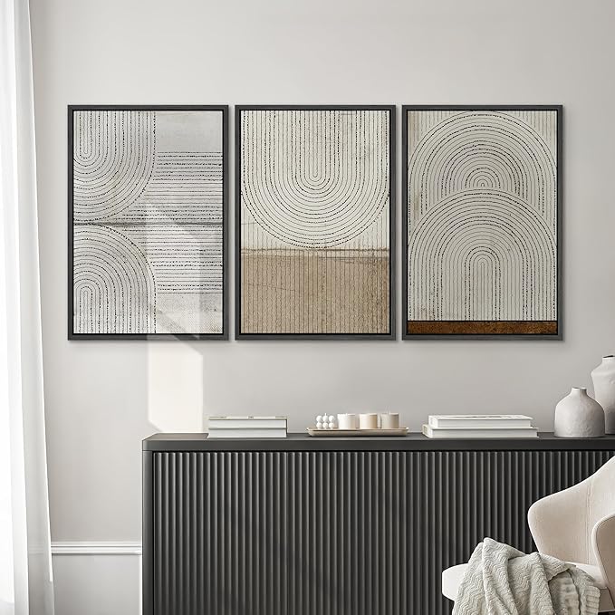 SIGNWIN Framed Canvas Print Wall Art Set Grunge Circle Polygon Collage Abstract Geometric Cozy Neutral Minimalism Modern Art Decorative Boho for Living Room, Bedroom, Office - 24"x36"x3 Black