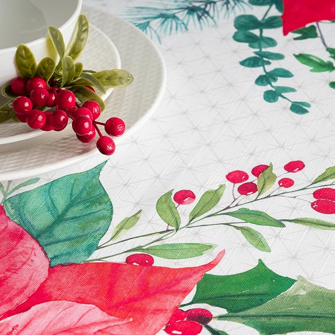 Maison d' Hermine Table Cloth Rectangle Table 100% Cotton 70 x 120 Inches Fall Tablecloth Reusable Everyday Use for Thanksgiving Christmas Decorations Dining Farmhouse Party (Poinsettia Christmas)