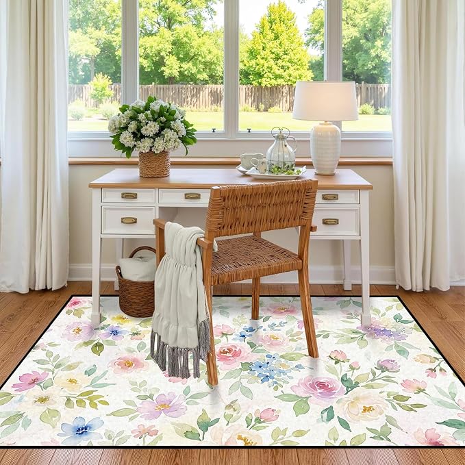 Watercolor Floral Rug 6'x9' Soft Pastel Botanical Area Rug for Entryway Bedroom Living Room Nursery Kitchen Playroom Home Decor Low Pile Non-Slip Washable Carpet