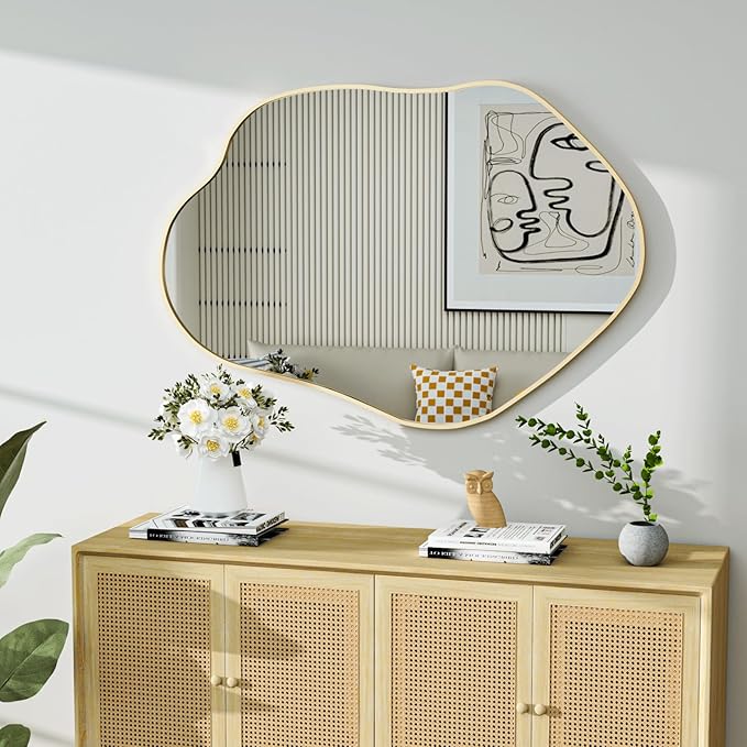 41"x28" Irregular Wall Mirror Cloud Asymmetrical Shaped Gold Aluminum Alloy Framed Mirror for Living Room Bathroom Bedroom Entryway Fireplace