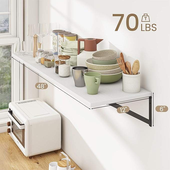 Dreamland Floating Shelves for Wall, 12 Inch Deep Floating Shelves Set of 2, 48W x 12D Large Wall Shelf with Sturdy Metal Brackets for Living Room, Bathroom, Bedroom and Kitchen, White
