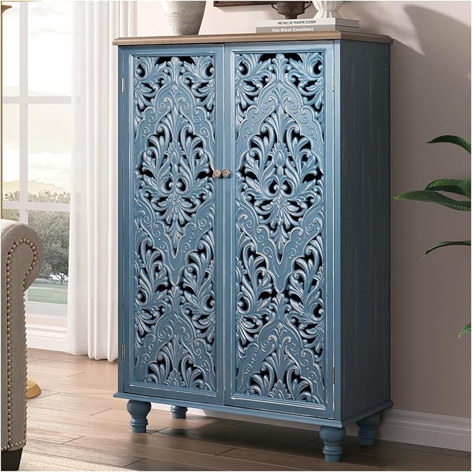 JOINICE 47" Tall Accent Cabinet with Doors and Shelves, Storage Cabinet with Solid Wood Legs for Living Room,Entryway,Dining Room,Bedroom(Blue & Walnut)