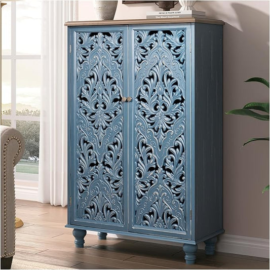 JOINICE 47" Tall Accent Cabinet with Doors and Shelves, Storage Cabinet with Solid Wood Legs for Living Room,Entryway,Dining Room,Bedroom(Blue & Walnut)