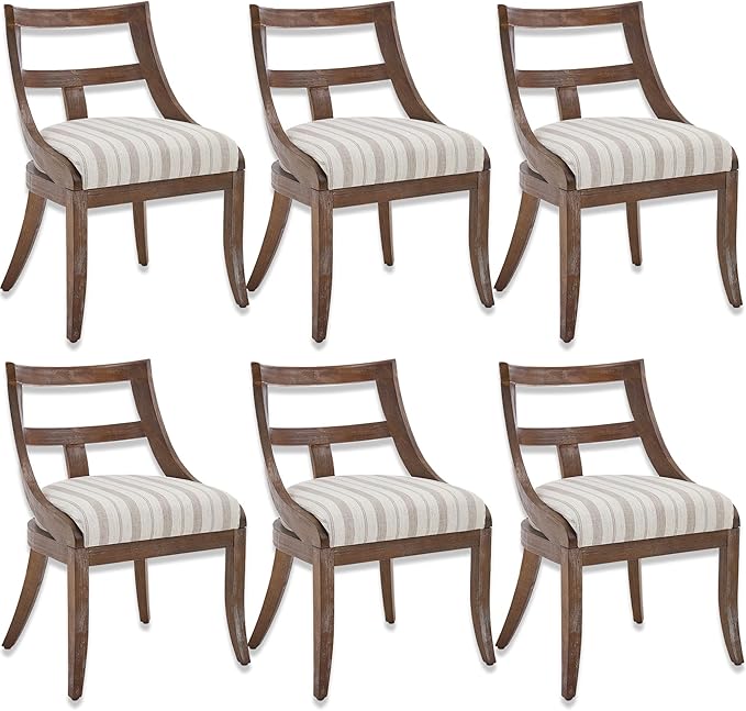 Modern Farmhouse Dining Chairs Set of 6 Mid Century Upholstered Dining Chair with Wooden Curved Back Kitchen Chairs for Dining Room Restaurant Cafe, Brown Walnut Colored-Linen Khaki Stripe