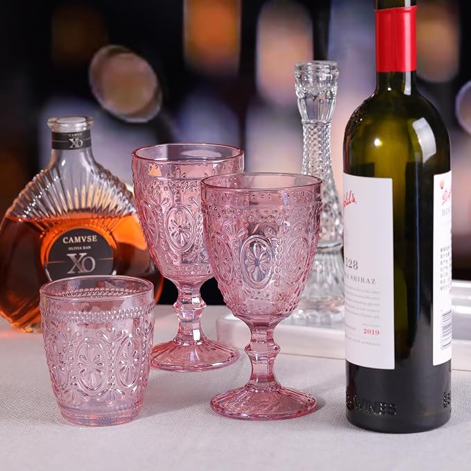 abrwyy Pink Wine Glasses set of 4, Pink Goblets, Vintage Drinking Glassware, Colored Glassware Set for Party Home Wedding Baby Shower
