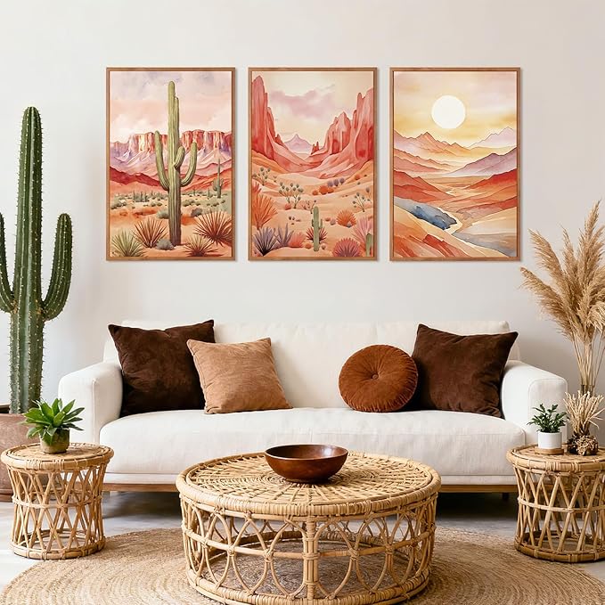 HLNIUC Boho Desert Plant Framed Canvas Wall Art Set,Southwestern Sun Mountain Wall Decor,Cactus Sunset Landscape Wall Painting,Watercolor Abstract Desert Art Prints for Living Room,Office - 24”x36”x3