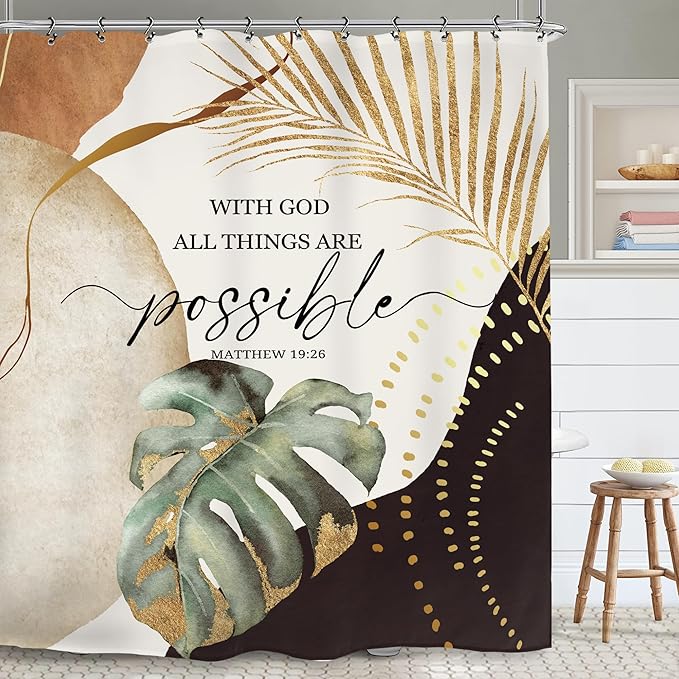 Yookeb Abstract Mid Century Bathroom Shower Curtain 60W by 71H Inch Bible Quotes Minimalist Aesthetic Modern Vintage Polyester Fabric 12 Plastic Hooks Waterproof Decor