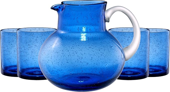 Artland Iris 90oz Handcrafted Pitcher & 14oz Double Old Fashion Glass (Set of 4) - Lead-Free Bubble Drinkware for Elegant Dining & Serving - Ideal for Water, Cocktails, Juice, Gatherings (Cobalt Blue)