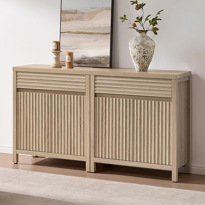 SICOTAS Sideboard Buffet Cabinet with Drawer - 58" Fluted Sideboard Modern Credenza with Doors & Adjustable Shelves, Farmhouse Coffee Bar Media Console for Living Room Kitchen Entryway, Light Oak