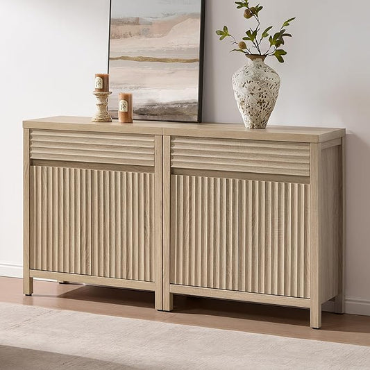 SICOTAS Sideboard Buffet Cabinet with Drawer - 58" Fluted Sideboard Modern Credenza with Doors & Adjustable Shelves, Farmhouse Coffee Bar Media Console for Living Room Kitchen Entryway, Light Oak