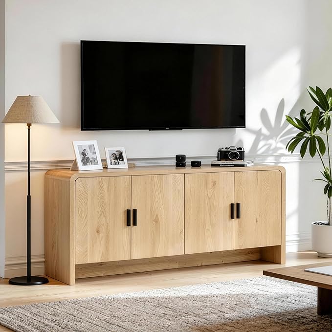 Finnhomy 68'' Sideboard Buffet Cabinet with Storage, Curved Design Credenza Storage Cabinet with 4 Doors, Console Cabinet for Kitchen, Living Room & Hallway, Natural