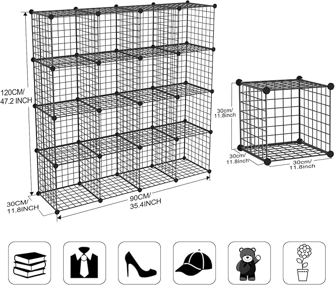 Wire Storage Cubes, Metal Storage Shelves Bookshelf, Stackable Modular Closet Organizer for Bedroom Living Room, Office, Black (16 Cubes, Iron)